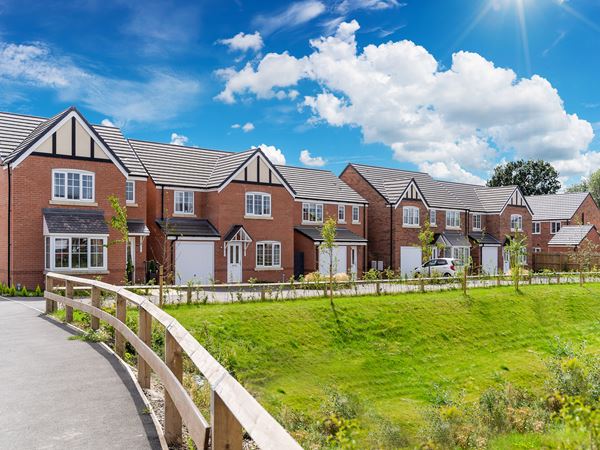 A row of spacious new build homes facing onto a green